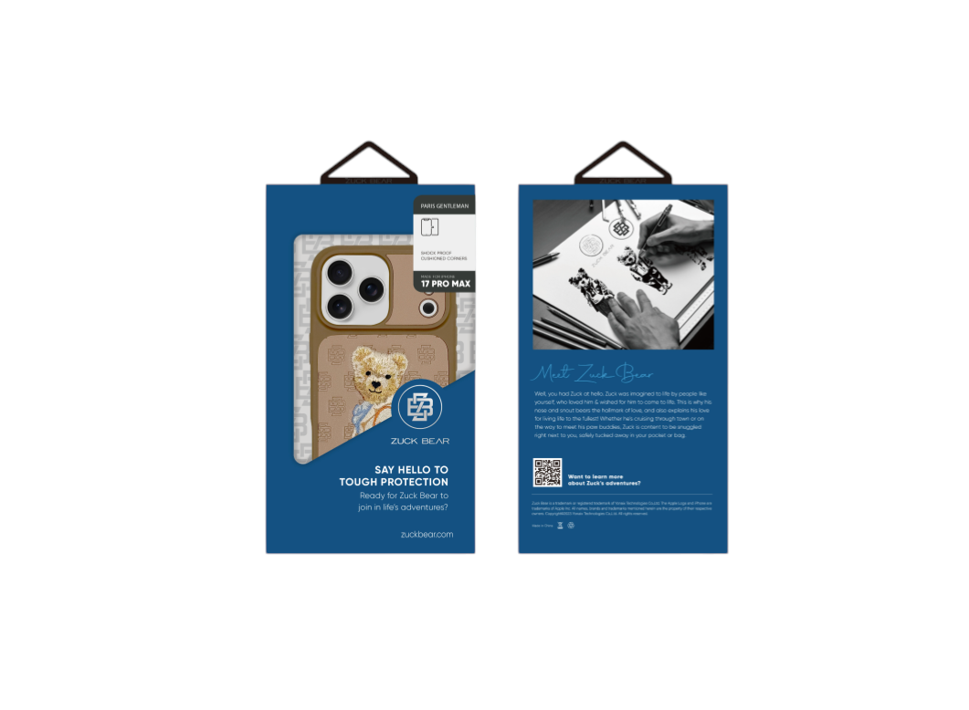 Etui ZuckBear Paris Gentleman do iPhone 17 Pro Max – niebieskie, z haftem